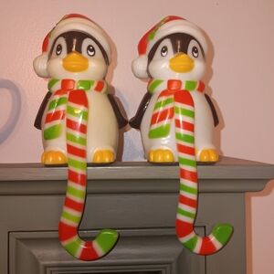 Pair Vtg Penguin Hard Plastic Blow Mold Stocking Hangers Holders Candy Cane